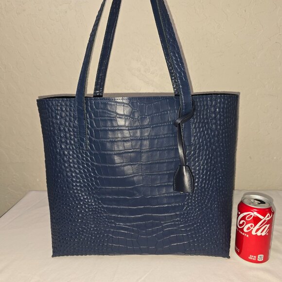 Mark and Graham Everyday Blue Italian Croc Embossed Leather Shoulder Tote Bag - Picture 2 of 13